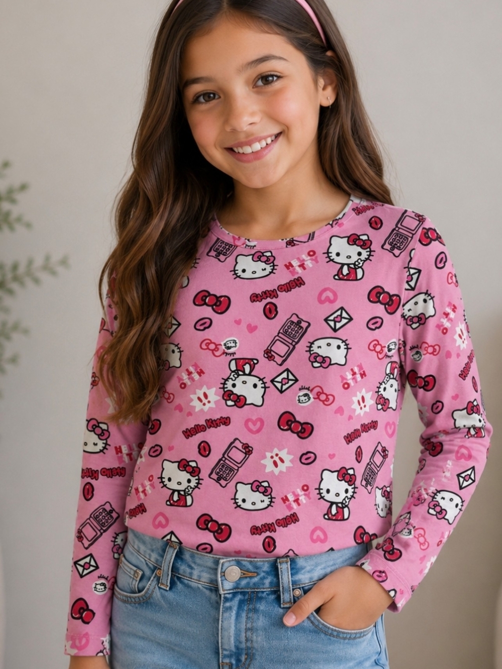 Hello Kitty Girls Pink Long Sleeve Shirt Size 10-11 Yrs Primark Y2K All Over Pri